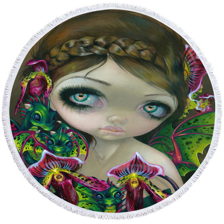 Fantasy Art Beautiful Fairy and Dragon Orchid Round Beach Towel
