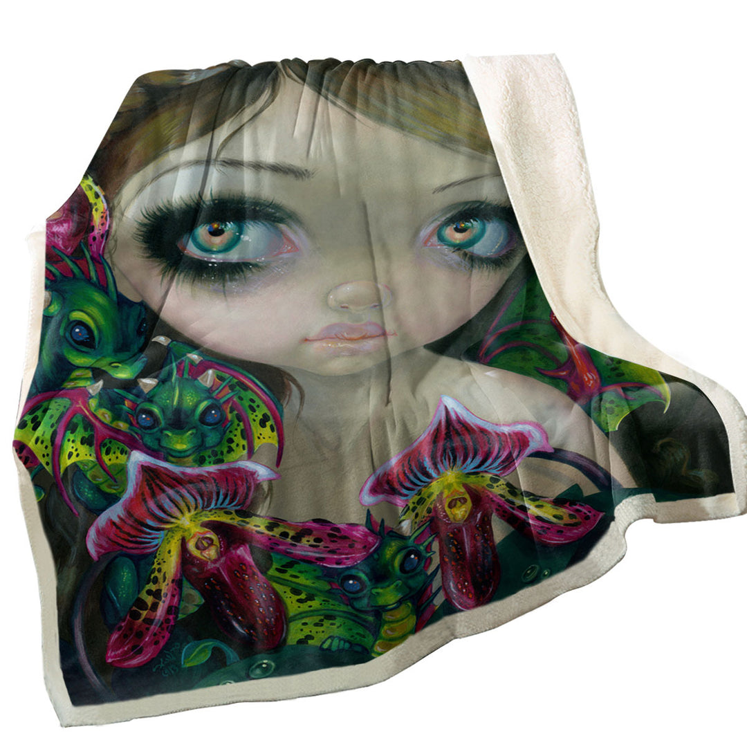 Fantasy Art Beautiful Fairy and Dragon Orchid Throw Blanket