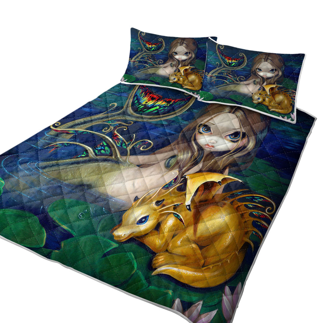 Fantasy Art Beautiful Mermaid with a Golden Dragon King Size Quilt