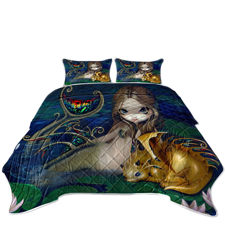 Fantasy Art Beautiful Mermaid with a Golden Dragon Quilt shop near me