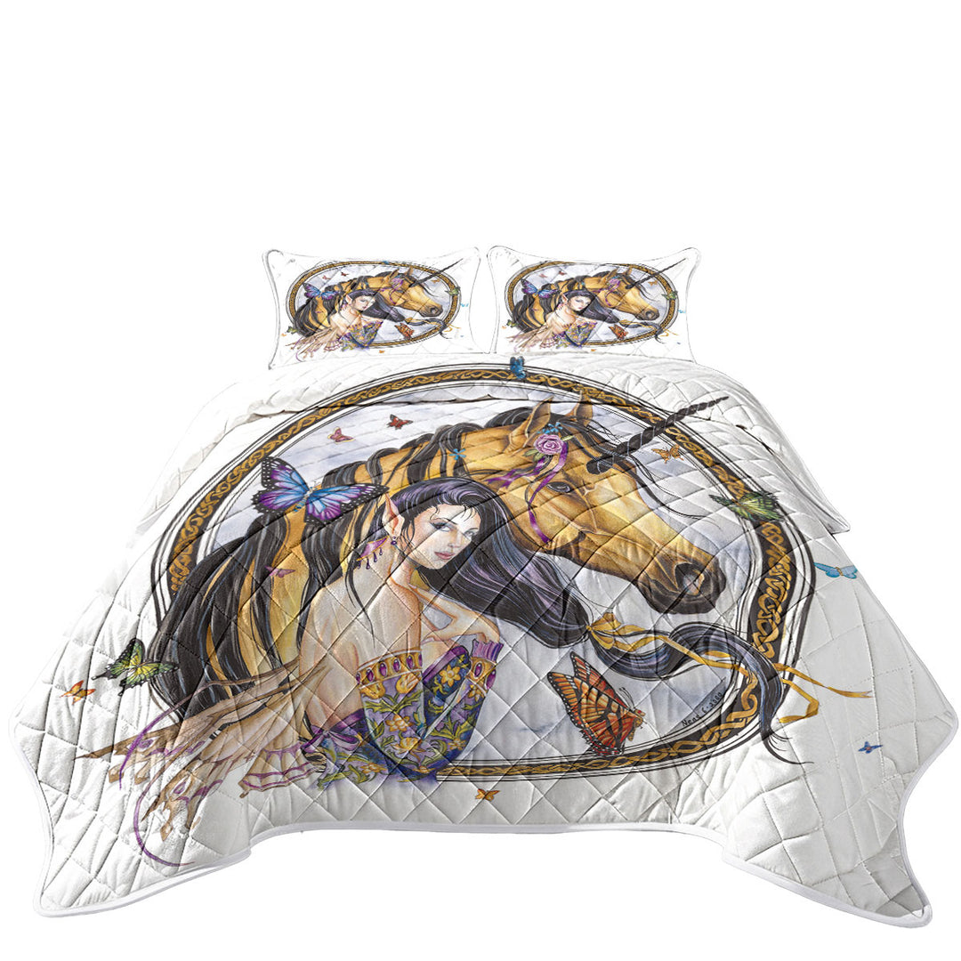 Fantasy Art Brown Unicorn and Fairy Princess California King Quilt Sets