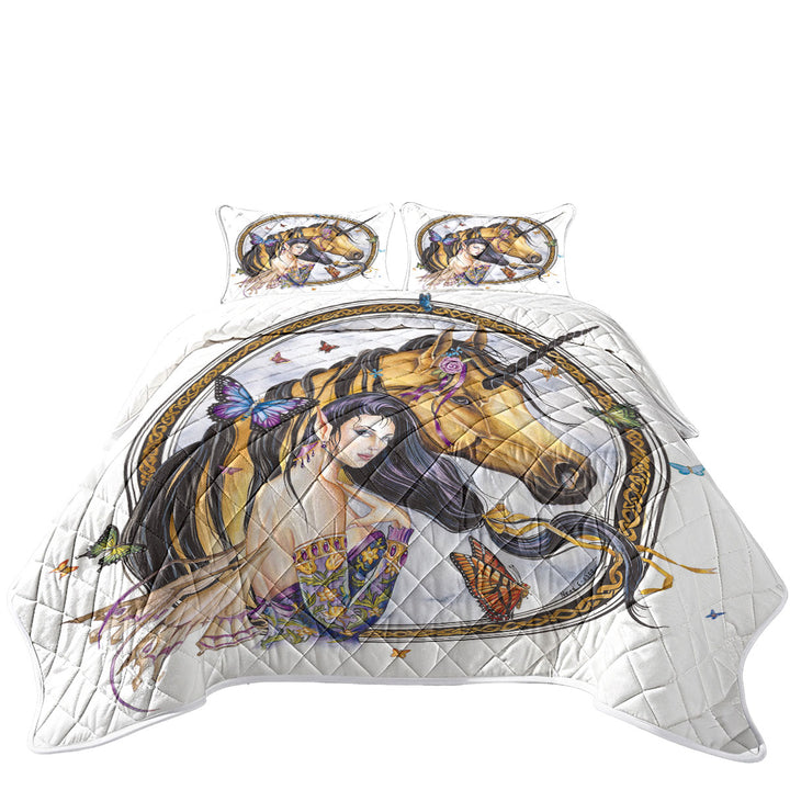 Fantasy Art Brown Unicorn and Fairy Princess California King Quilt Sets