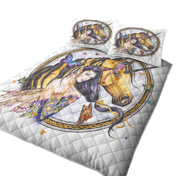 Fantasy Art Brown Unicorn and Fairy Princess King Size Quilt Sets
