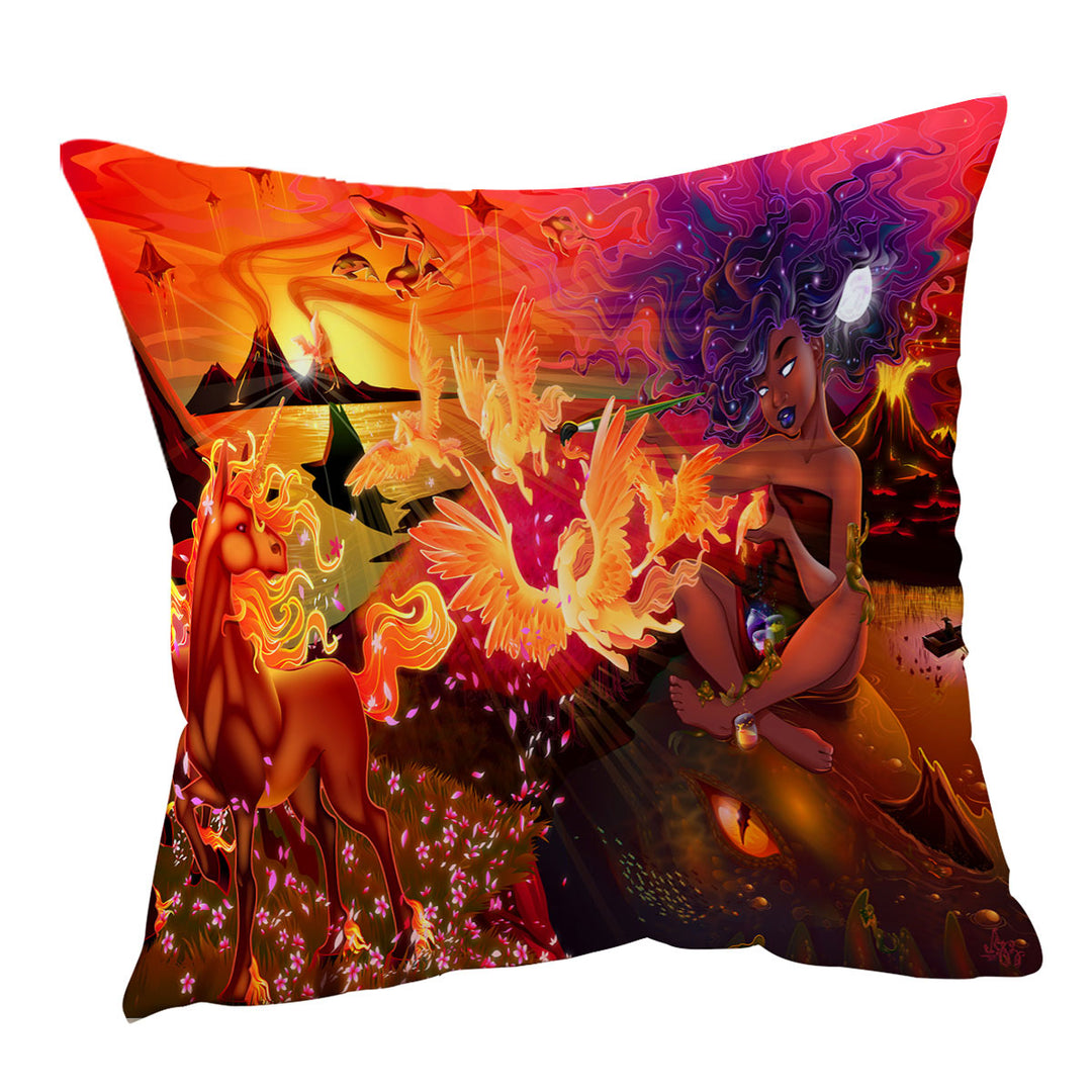 Fantasy Art Cushion Covers with Unicorn Pegasus Volcanoes and Beautiful Artist