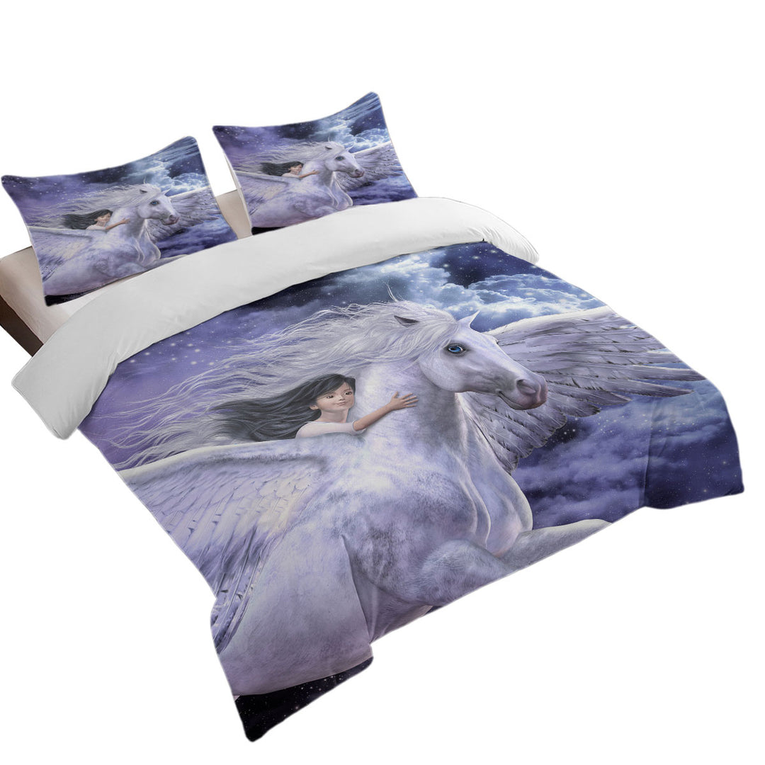 Fantasy Art Cute Girl Riding Flying Horse Duvet Covers