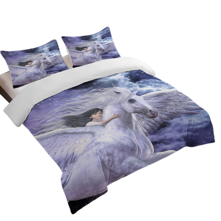 Fantasy Art Cute Girl Riding Flying Horse Duvet Covers