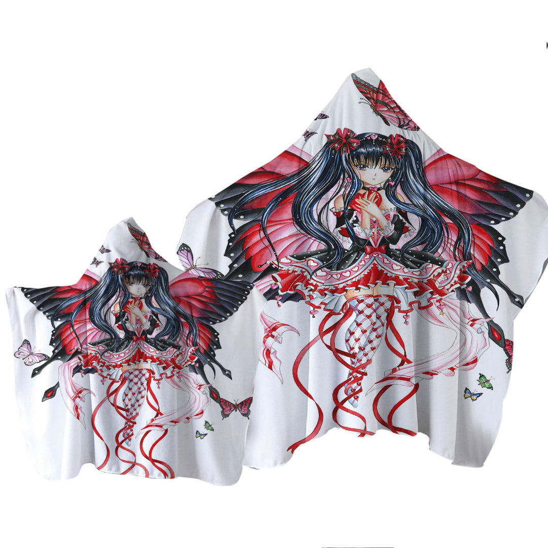 Fantasy Art Drawing Red Butterfly Girl Towel Hoodie
