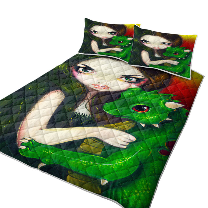 Fantasy Art Girl and Baby Green Dragon Quilt