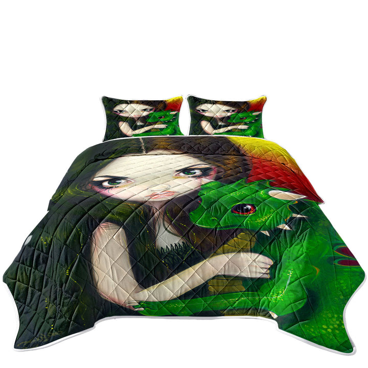 Fantasy Art Girl and Baby Green Dragon Quilts