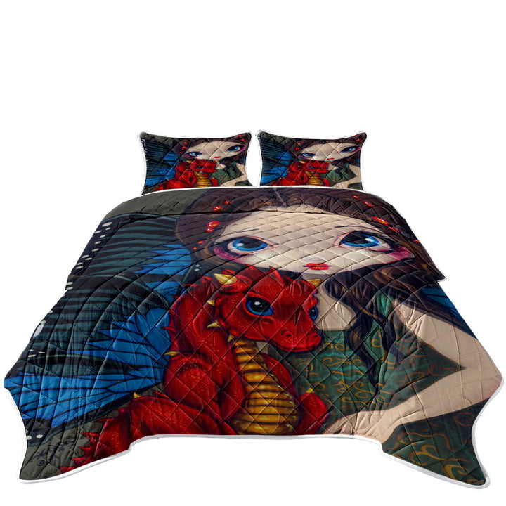 Fantasy Art Girl and Baby Red Dragon Quilt
