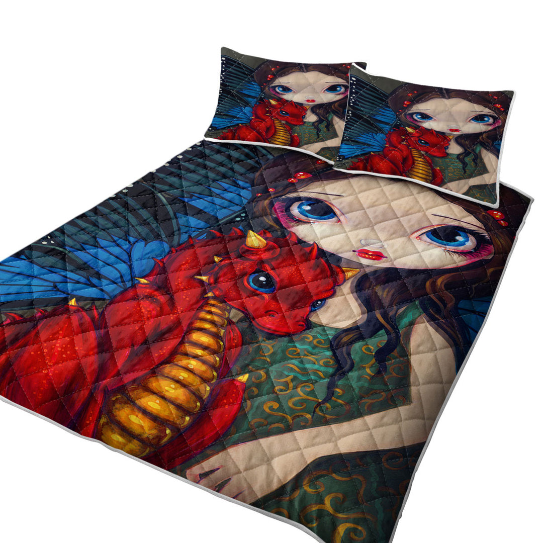 Fantasy Art Girl and Baby Red Dragon Quilts