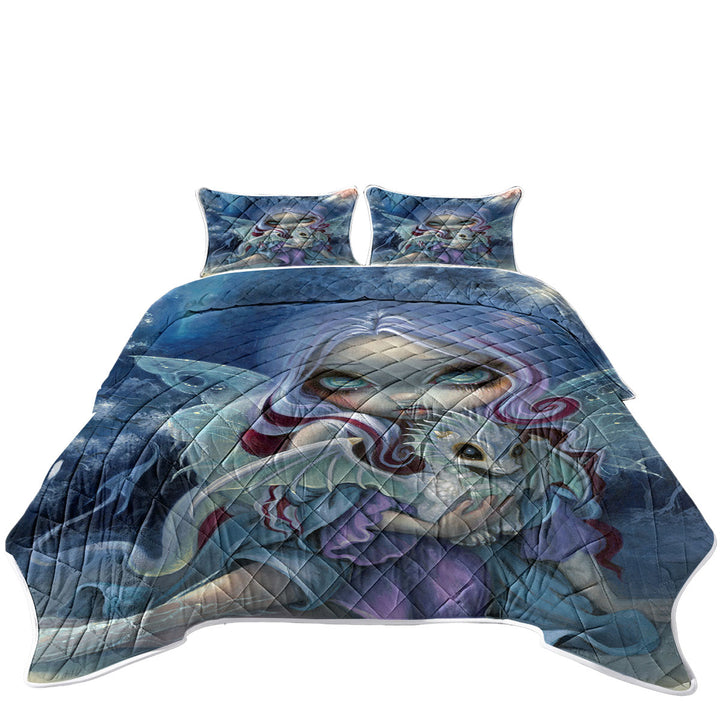 Fantasy Art Gorgeous Fairy and Wintry Dragonling Quilt