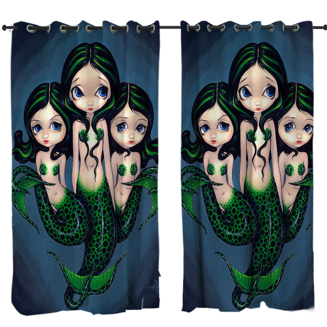 Fantasy Art Green Mermaid Triplets Curtain