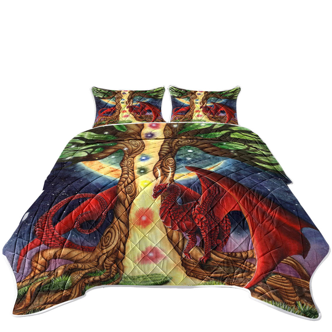 Fantasy Art Morning vs Night Tree and Red Dragon California King Quilt Sets