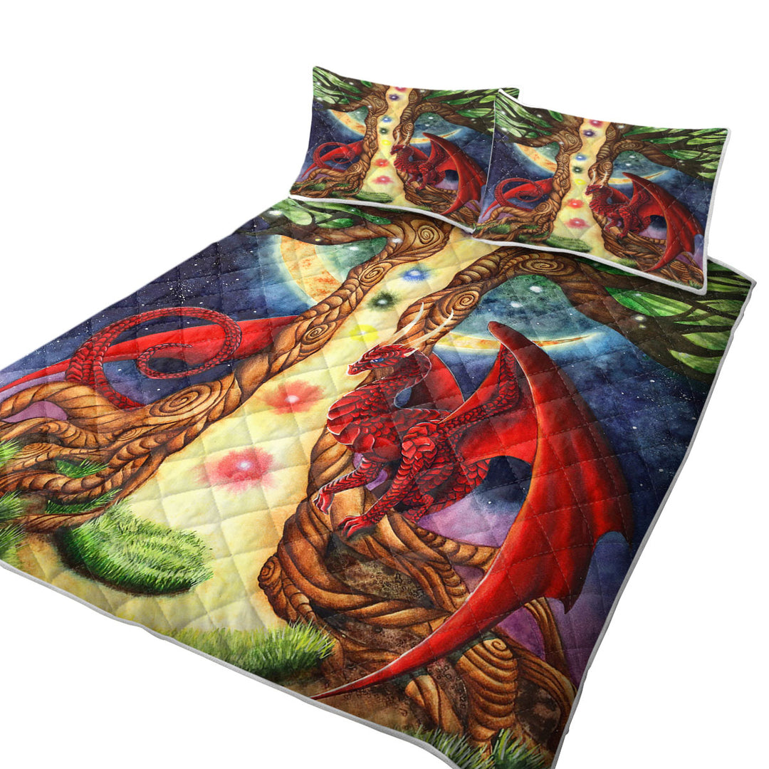 Fantasy Art Morning vs Night Tree and Red Dragon King Size Quilt Sets