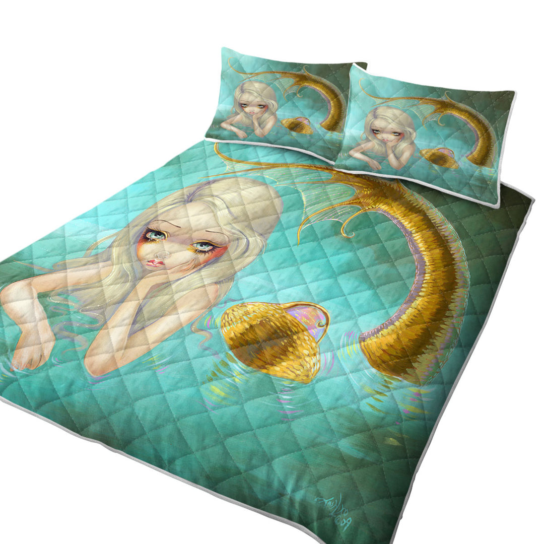 Fantasy Art Sad Looking Golden Mermaid California King Quilt Sets