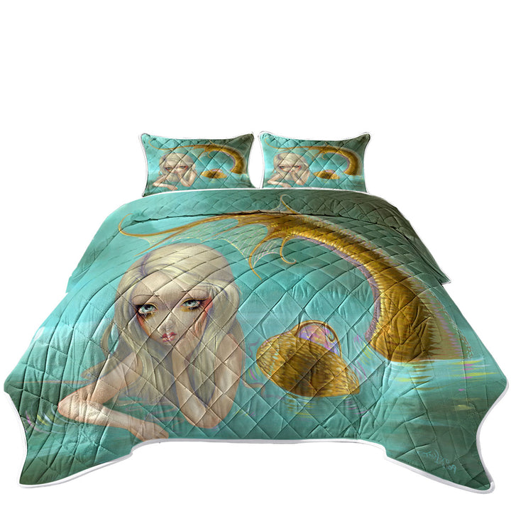 Fantasy Art Sad Looking Golden Mermaid King Size Quilt Sets