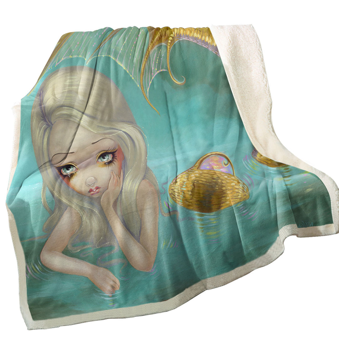 Fantasy Art Sad Looking Golden Mermaid Sherpa Blanket