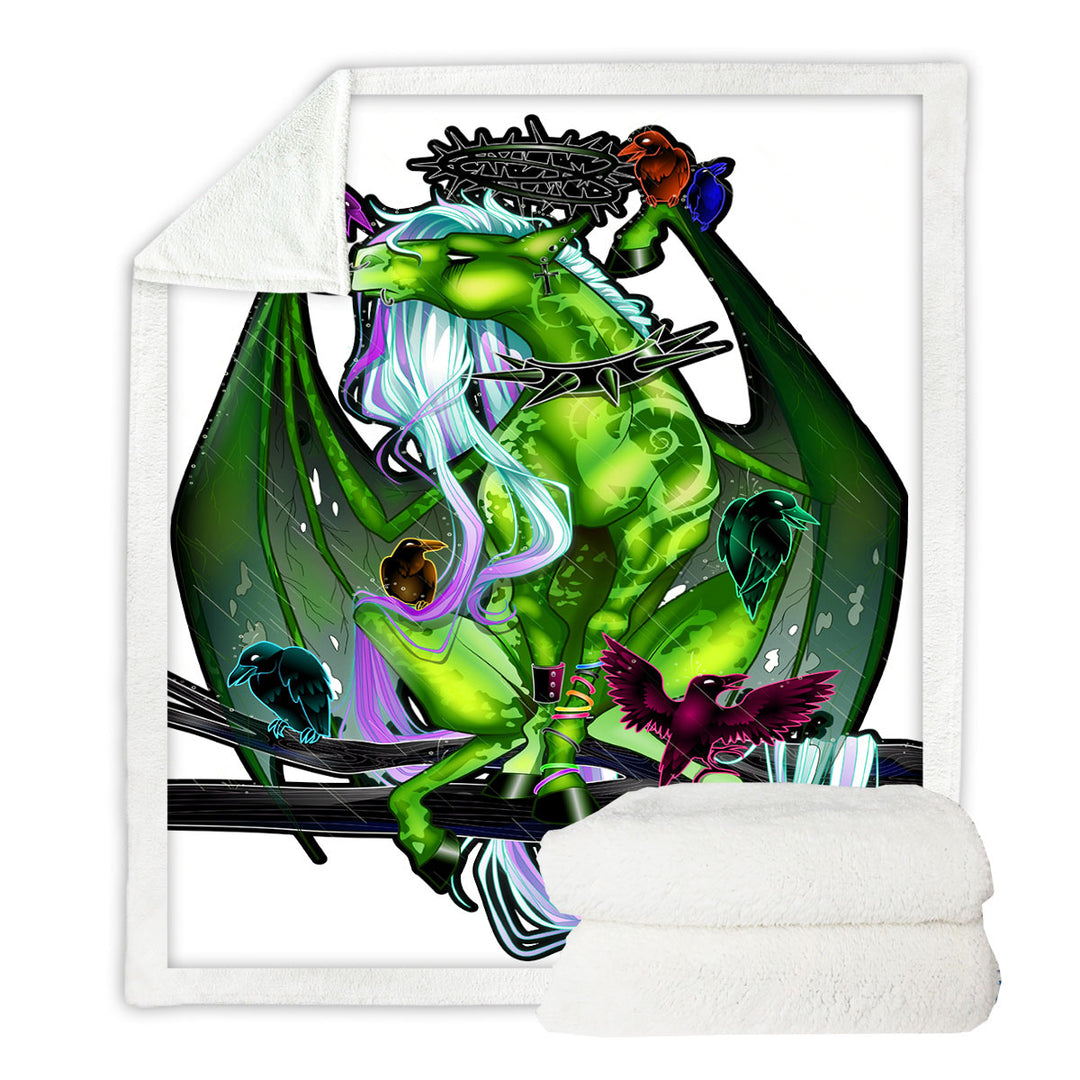 Fantasy Art Throw Blanket Green Dragon and Crows