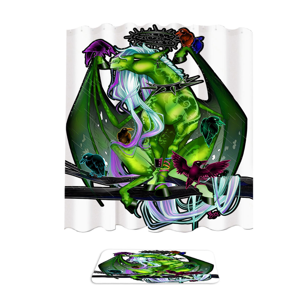 Fantasy Art Trendy Shower Curtains for Sale Green Dragon and Crows