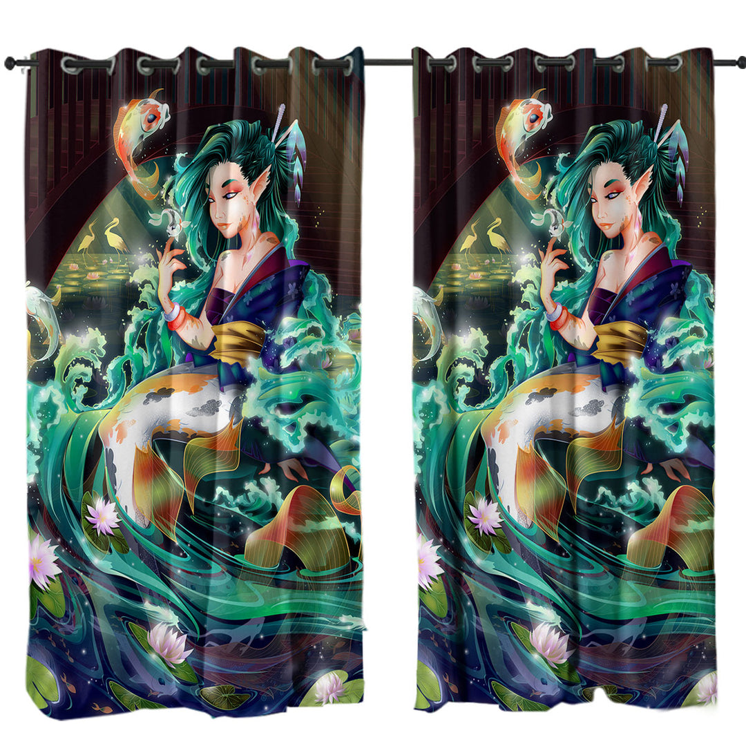 Fantasy Art Water Lily River Koi and Mermaid Drapery