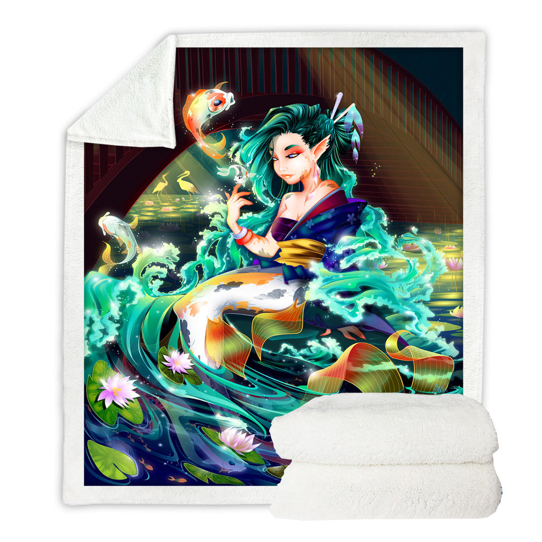 Fantasy Art Water Lily River Koi and Mermaid Fleece Blankets