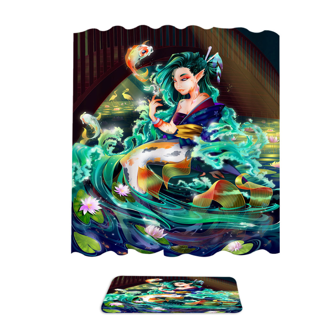 Fantasy Art Water Lily River Koi and Mermaid Shower Curtains Trendy