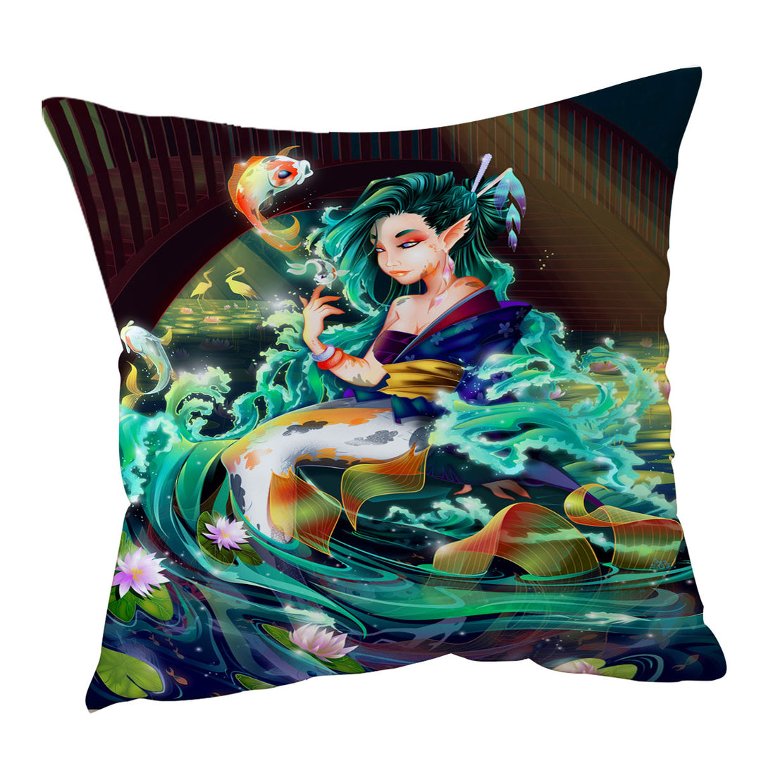 Fantasy Art Water Lily River Koi and Mermaid Throw Pillow