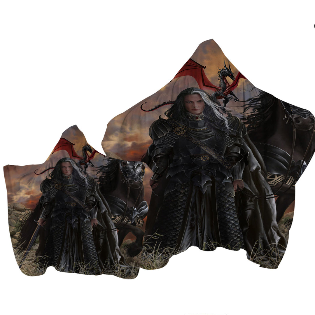 Fantasy Art the Black Knight with His Horse and Dragon Hooded Beach Towel