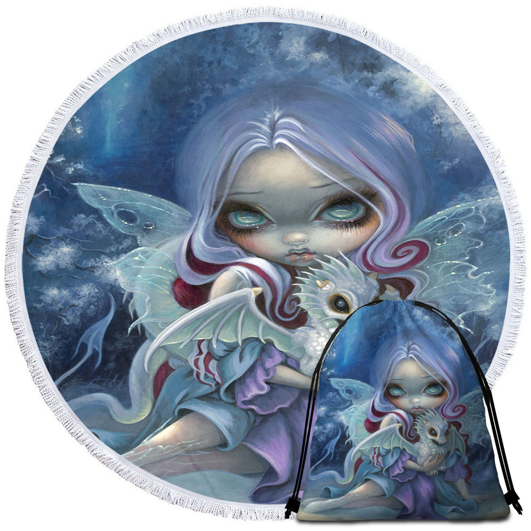 Fantasy Big Beach Towels Art Gorgeous Fairy and Wintry Dragonling