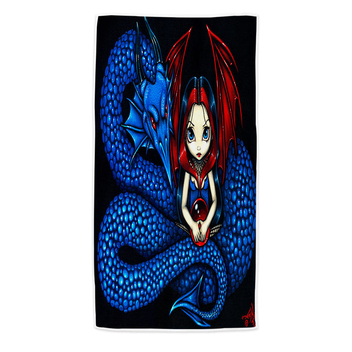 Fantasy Blue Serpent Dragon and Fairy Girls Beach Towels