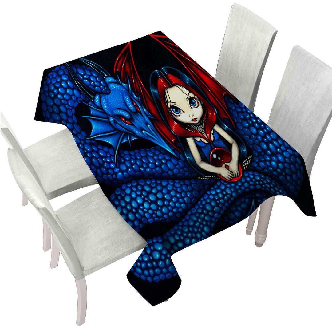 Fantasy Blue Serpent Dragon and Fairy Printed Tablecloth