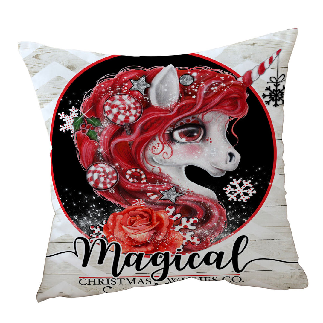 Fantasy Christmas Peppermint Unicorn Throw Pillows and Cushions