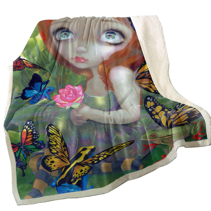 Fantasy Decorative Blankets Girl Butterfly Frog Daydreams and Frogs