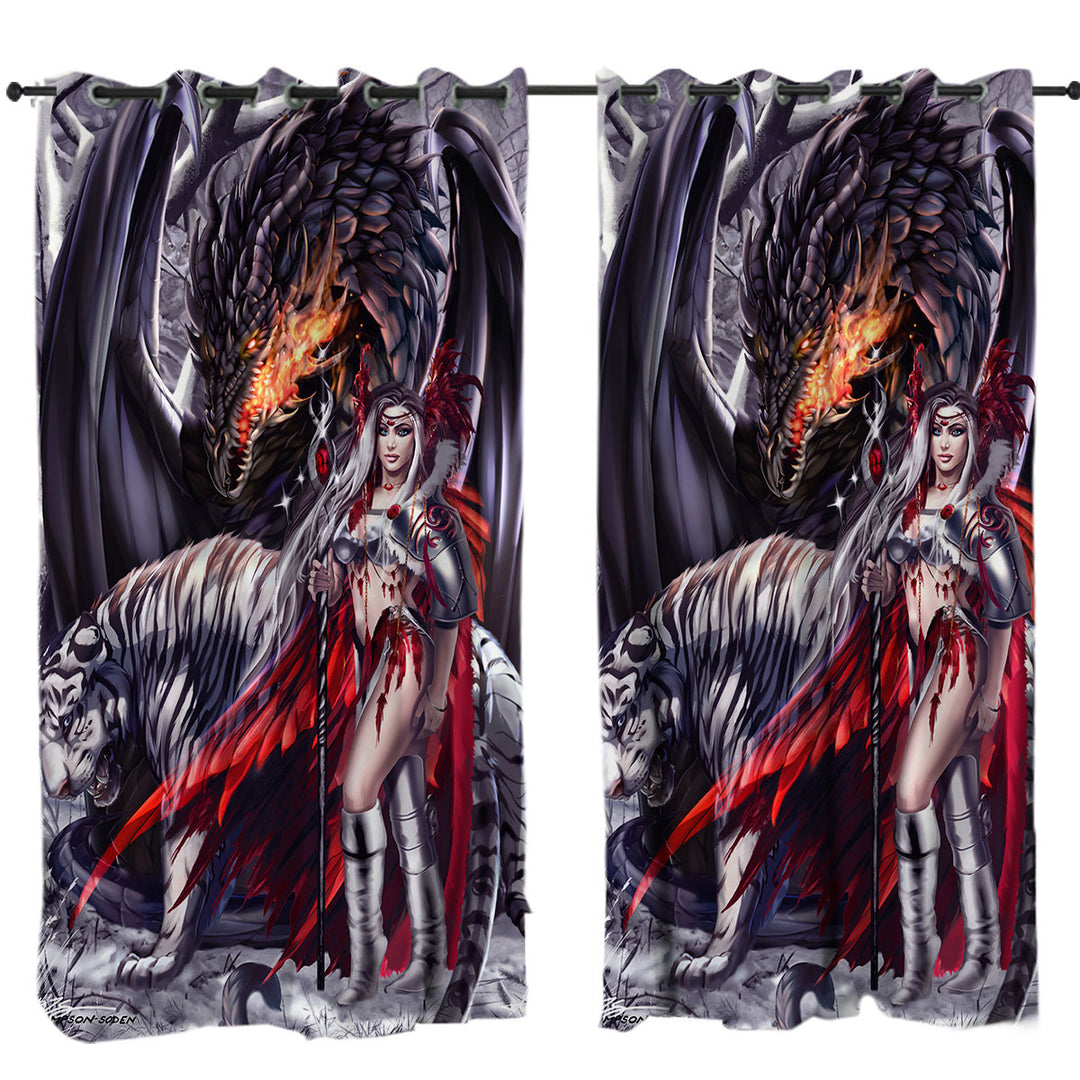 Fantasy Dragon Tiger and Beautiful Girl Warrior Drapes