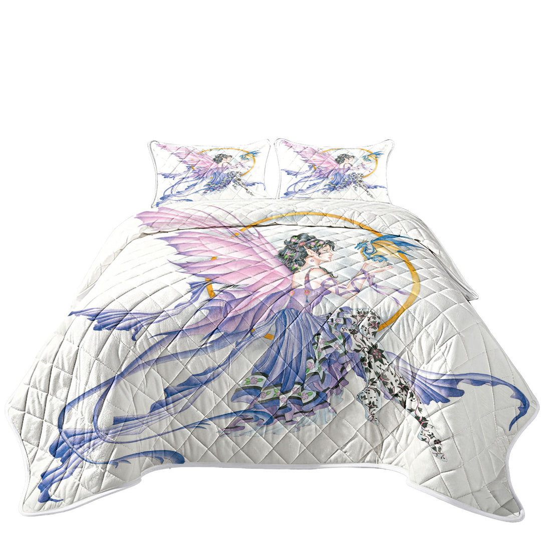 Fantasy Drawing Purplish Fairy and Little Dragon Quilts for sale