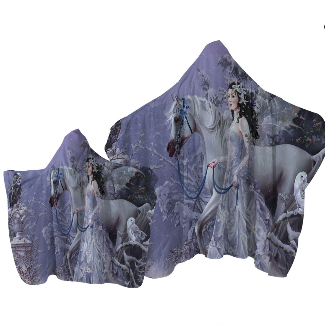 Fantasy Horse Owls and the Winter Wings Fairy Hooded Beach Towel
