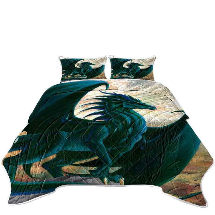 Fantasy Painting Green Dragon on Cliff Coverlet