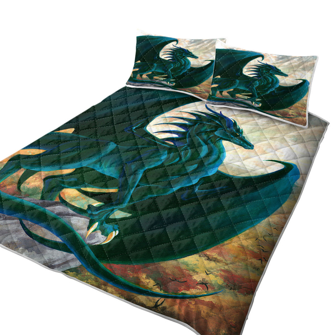 Fantasy Painting Green Dragon on Cliff Quilts