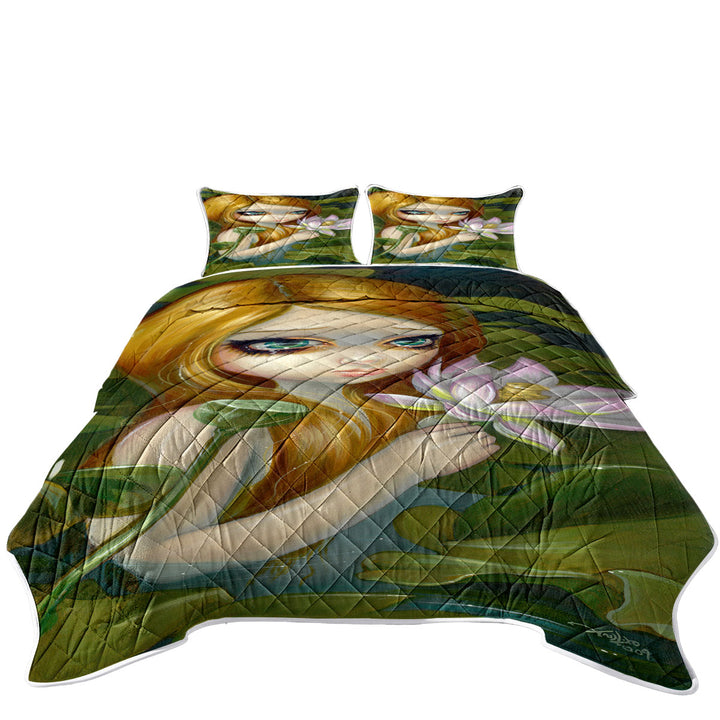Fantasy Painting Mermaid Picking Lotus Blossoms Quilt