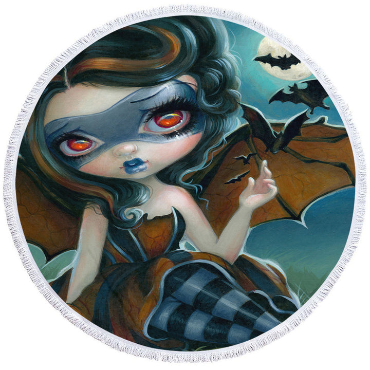 Fantasy Pipistrello Bat Winged Girl and Moon Bats Round Towel