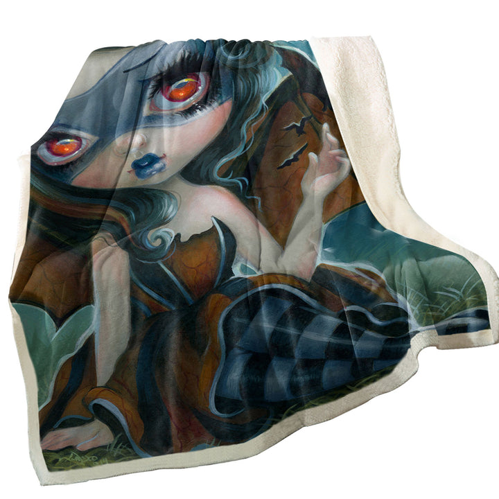 Fantasy Pipistrello Bat Winged Girl and Moon Bats Sherpa Blanket