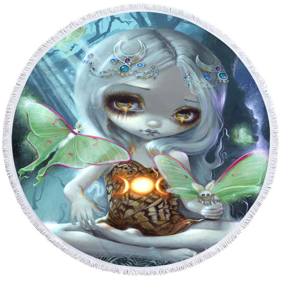 Fantasy Round Beach Towel Art Luna Moth Beautiful Glowing Moth Fairy