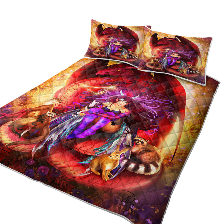 Fantasy Scene Red Dragon Fairy and Animal Friends California King Quilt Sets
