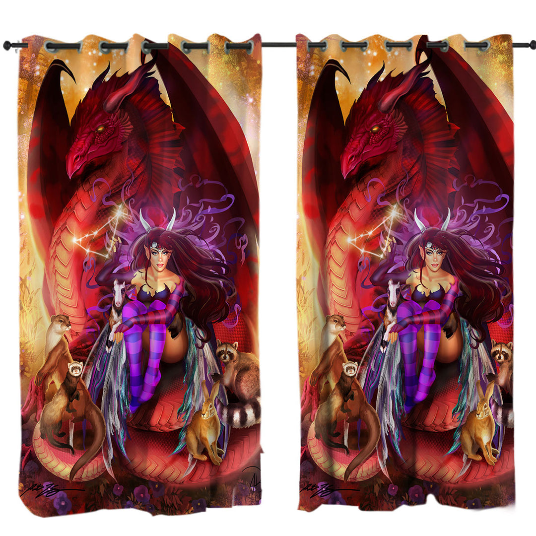 Fantasy Scene Red Dragon Fairy and Animal Friends Curtains for Bedroom