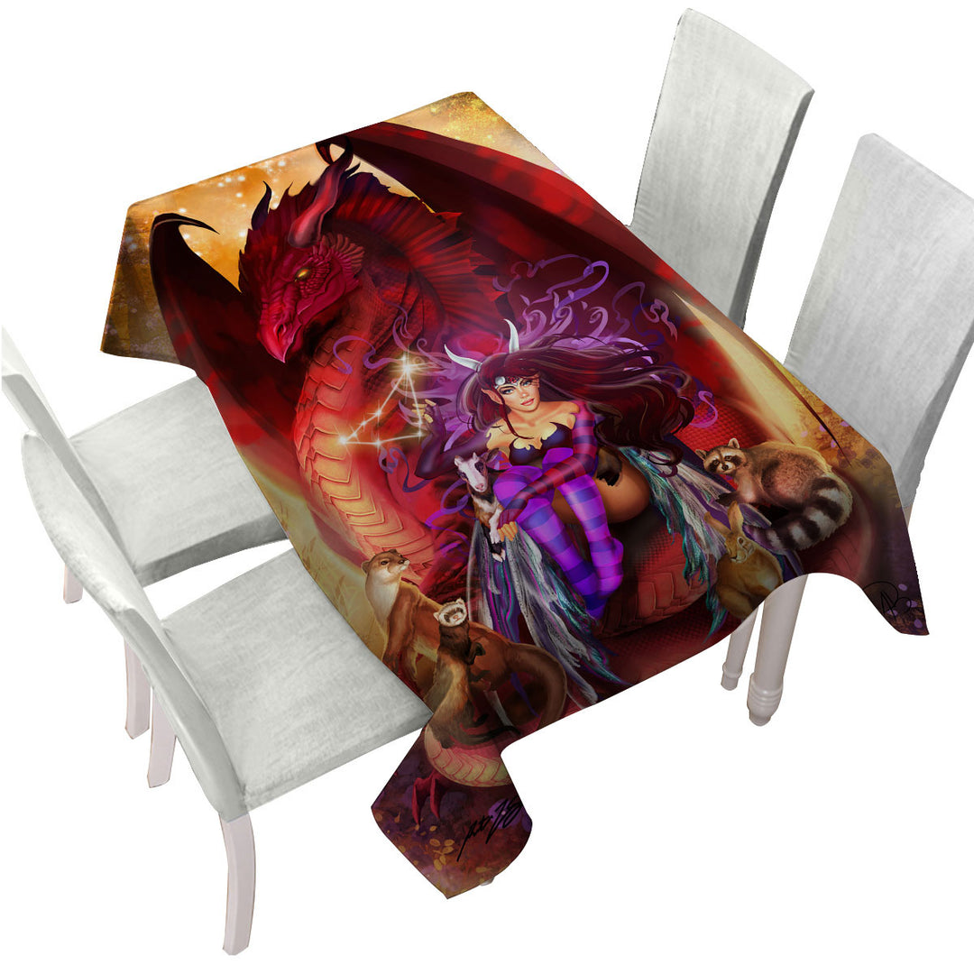 Fantasy Scene Red Dragon Fairy and Animal Friends Custom tablecloths