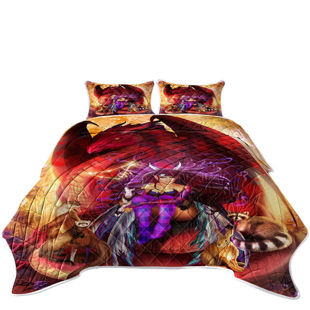 Fantasy Scene Red Dragon Fairy and Animal Friends Quilt