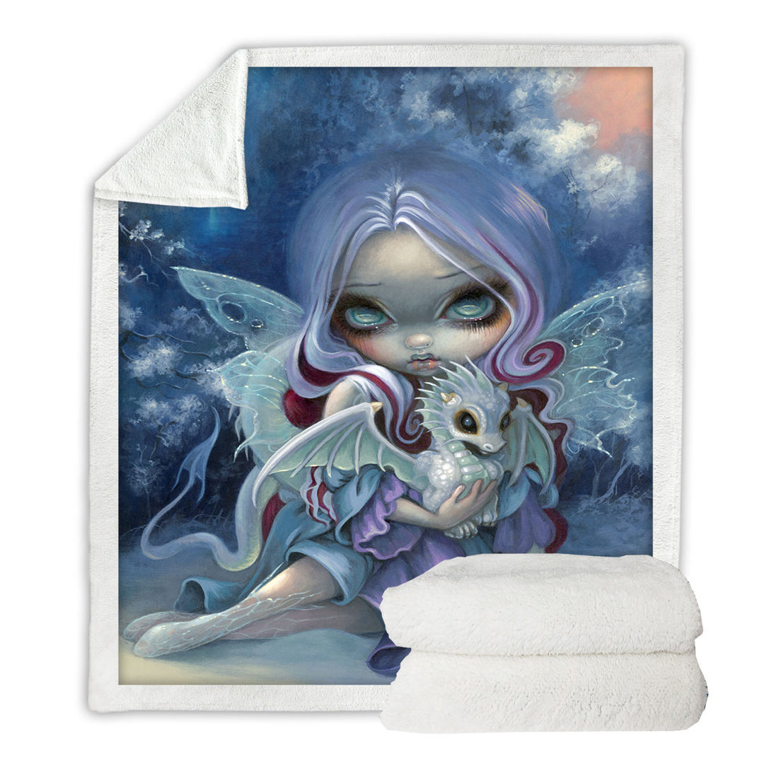Fantasy Sherpa Blanket Art Gorgeous Fairy and Wintry Dragonling