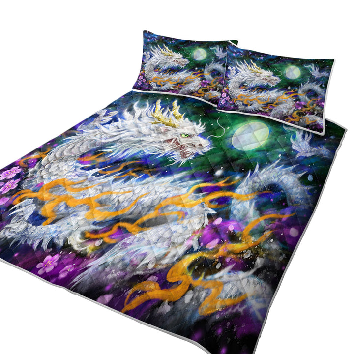 Fantasy Space White Dragon and The Moon King Quilt