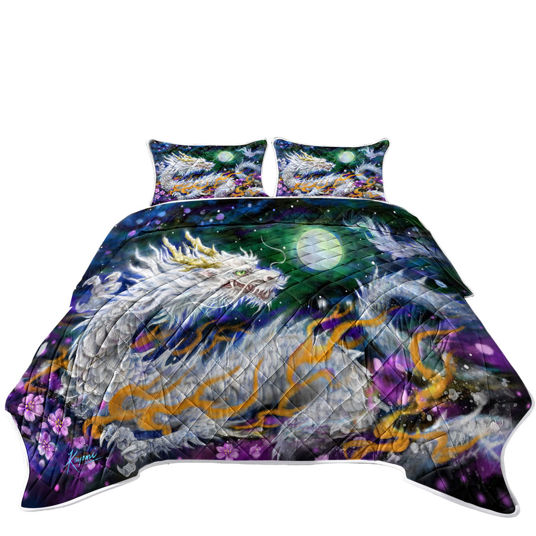 Fantasy Space White Dragon and The Moon King Size Bedspreads